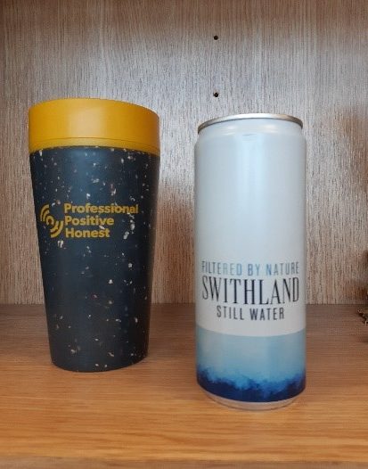 image of reusable cup and canned water